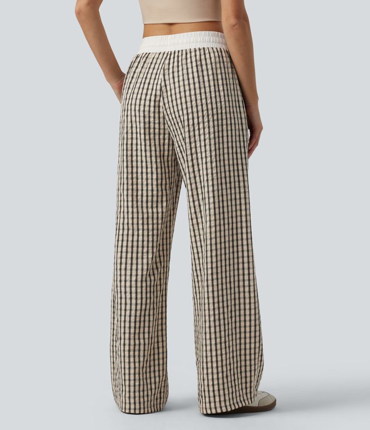 Mid Rise Drawstring Wide Leg Plaid Casual Trousers with Pockets