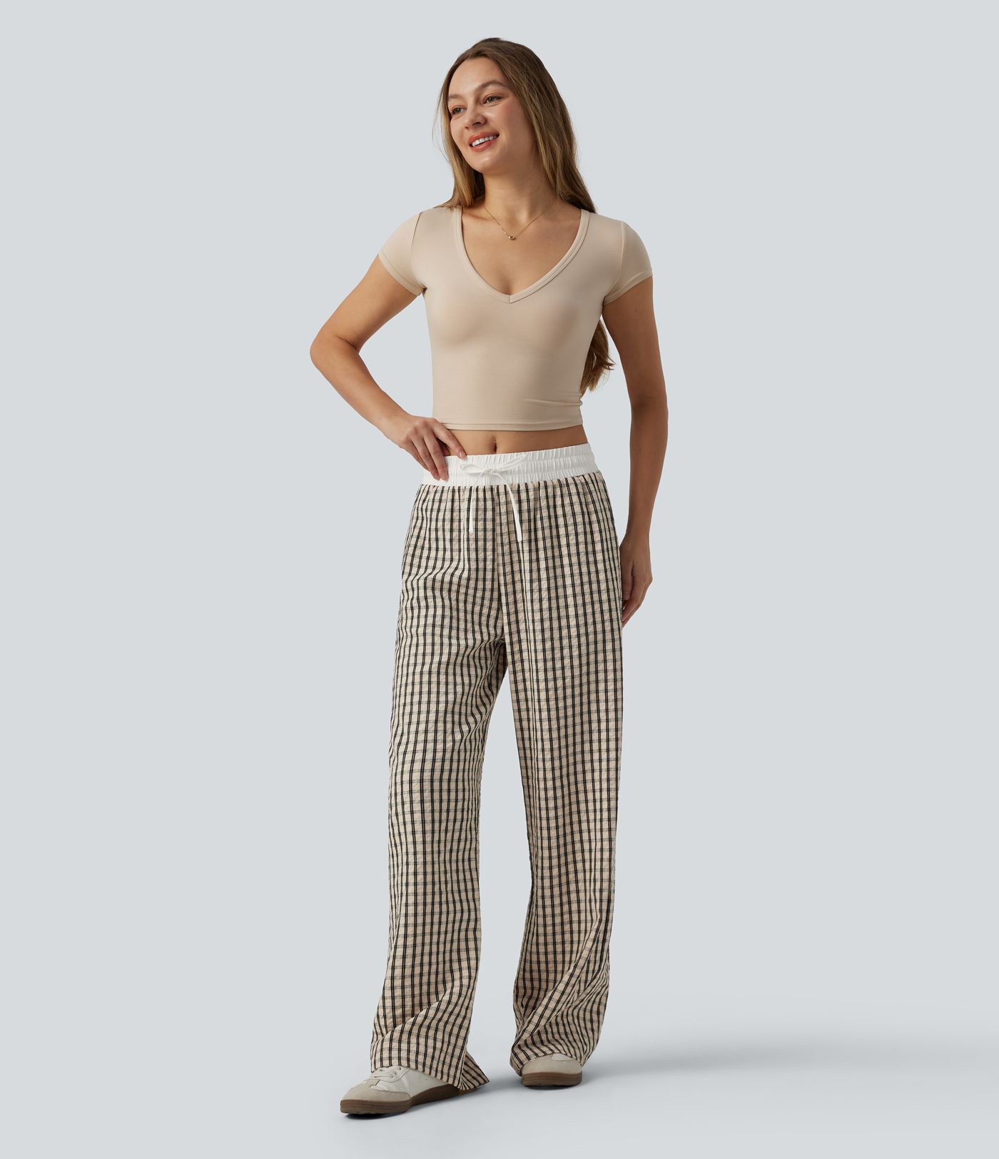 Mid Rise Drawstring Wide Leg Plaid Casual Trousers with Pockets