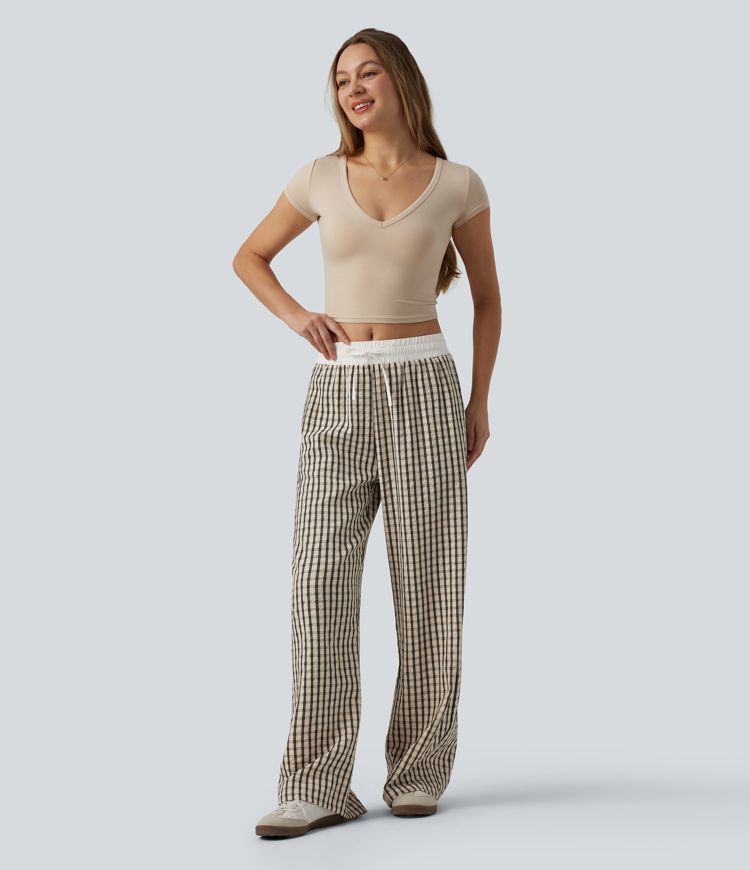 Mid Rise Drawstring Wide Leg Plaid Casual Trousers with Pockets