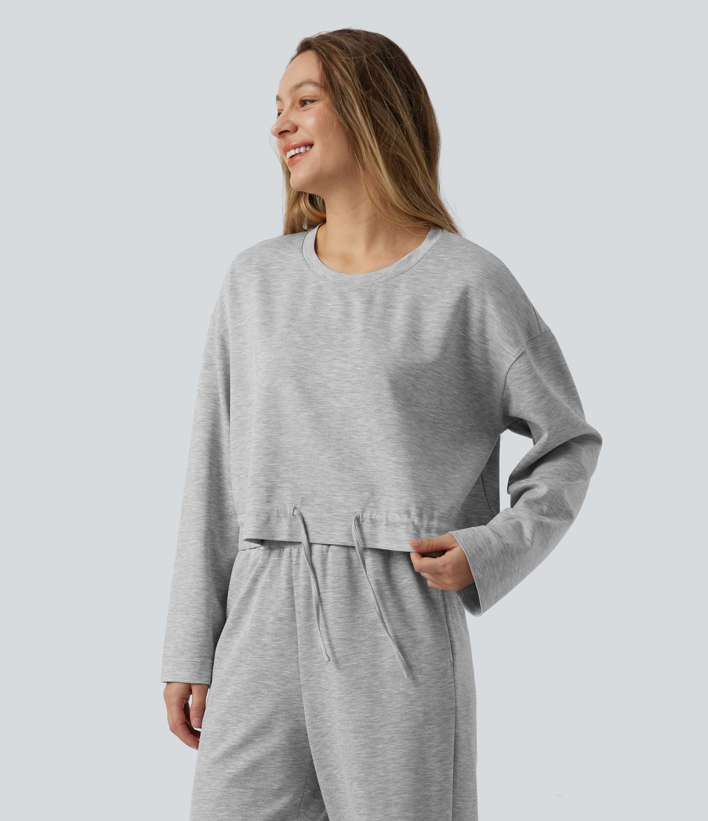 Lounge-Top mit Rundhalsausschnitt, langen Ärmeln und Kordelzug