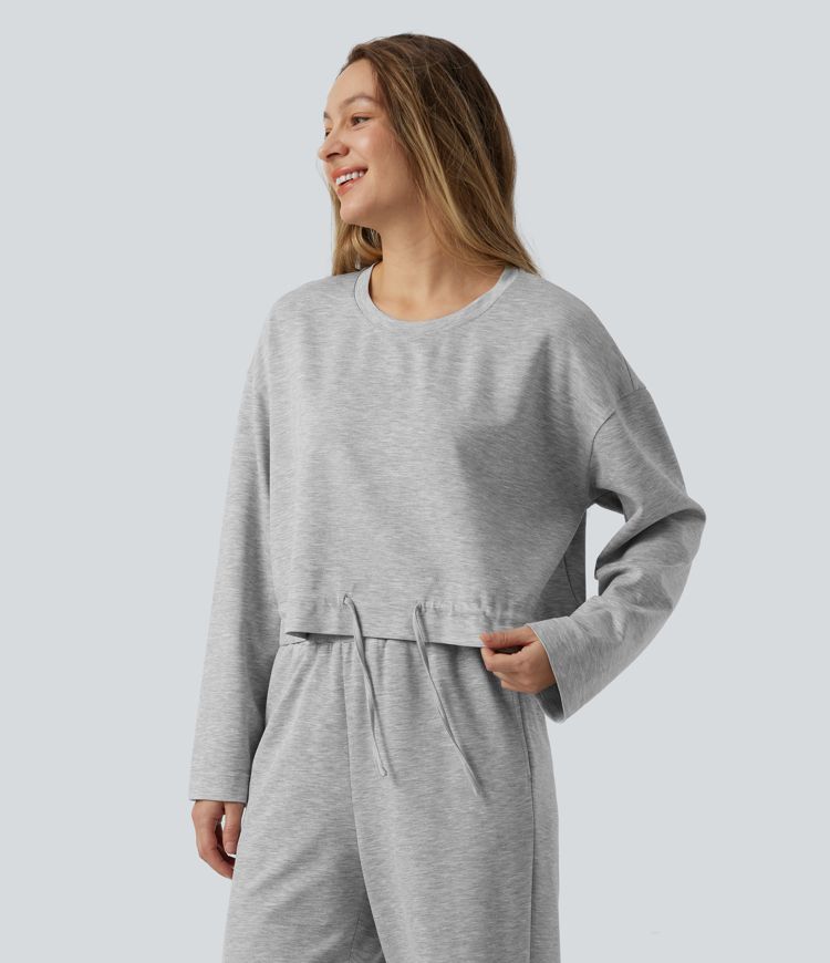 Lounge-Top mit Rundhalsausschnitt, langen Ärmeln und Kordelzug