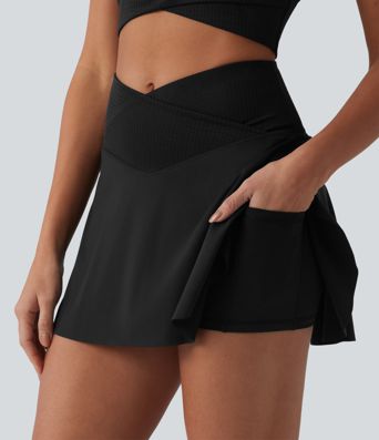 High Waisted Crossover 2-in-1 Mini Pickleball Skirt with Pockets