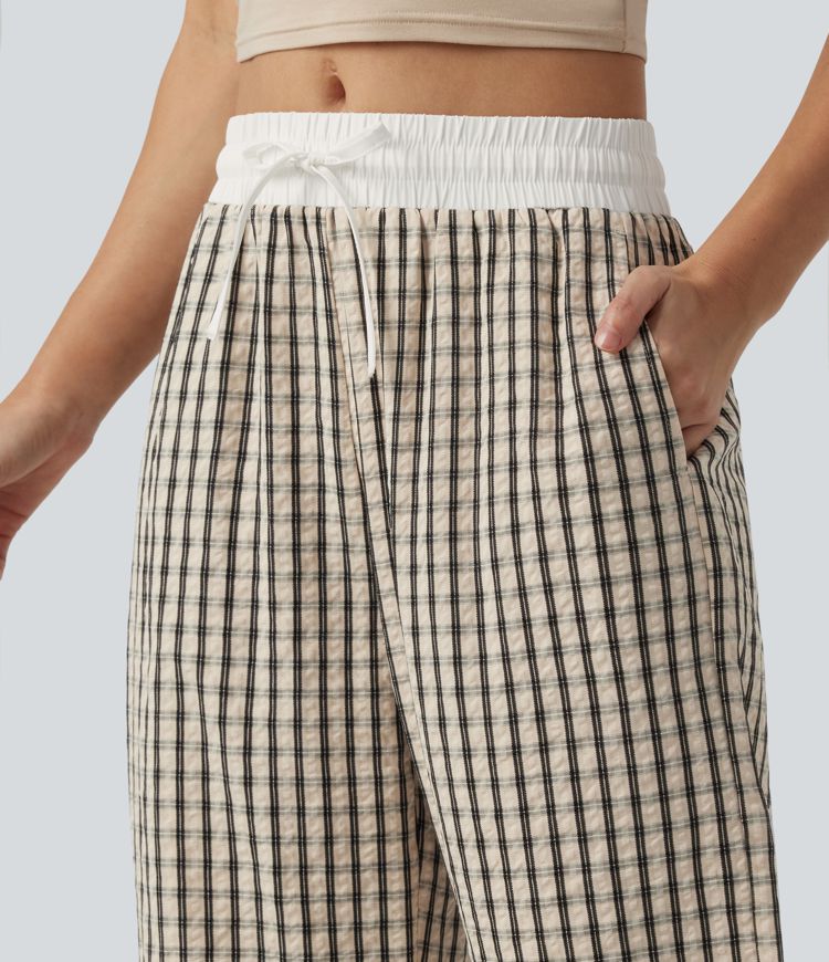 Mid Rise Drawstring Wide Leg Plaid Casual Trousers with Pockets