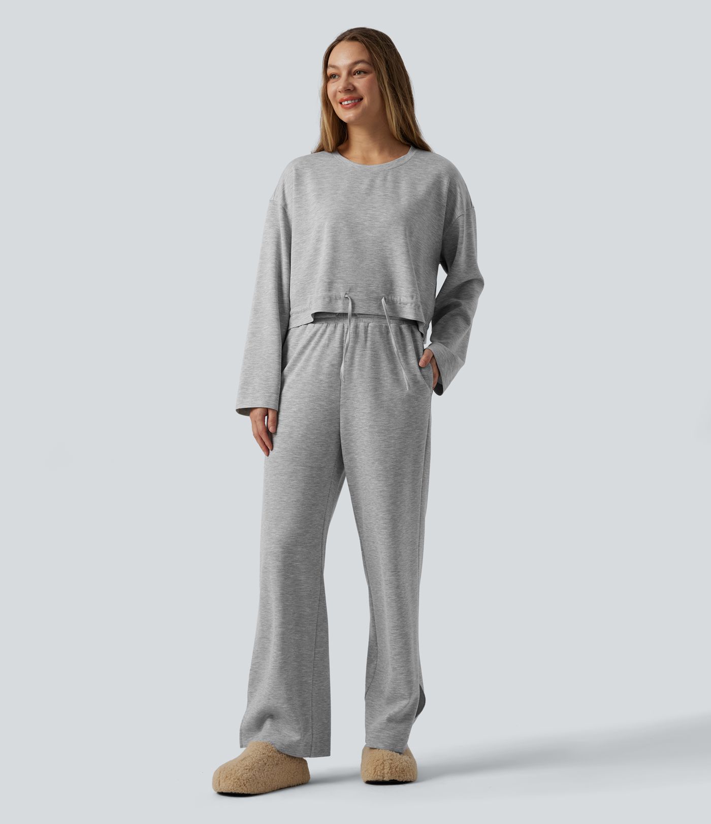 Lounge-Top mit Rundhalsausschnitt, langen Ärmeln und Kordelzug