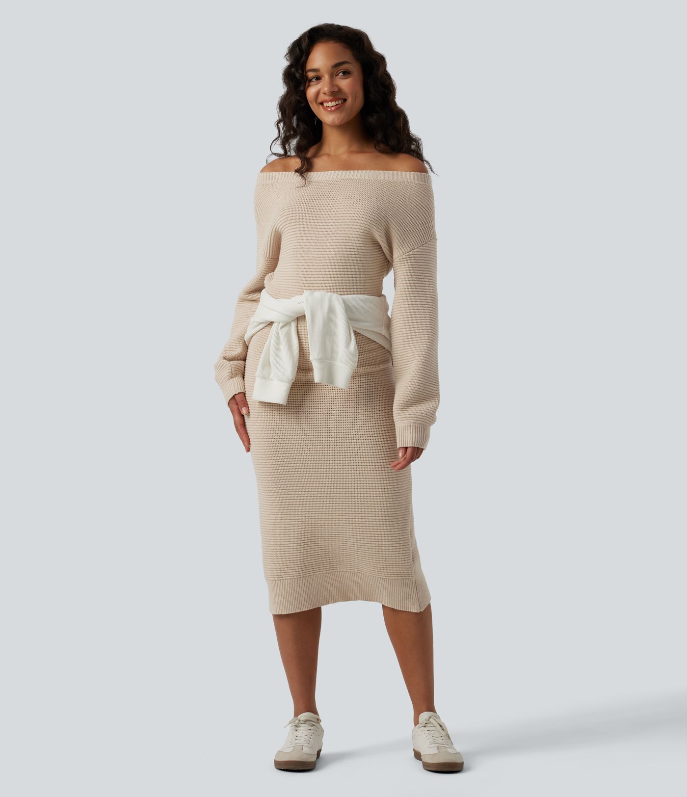 One Shoulder Long Sleeve Midi Casual Sweater Dress