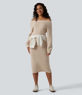 One Shoulder Long Sleeve Midi Casual Sweater Dress