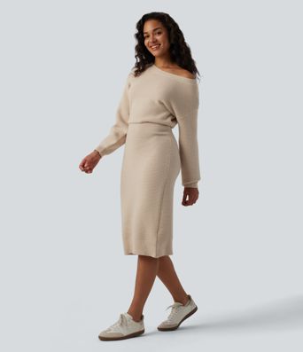 One Shoulder Long Sleeve Midi Casual Sweater Dress