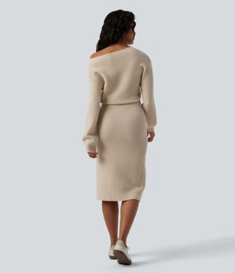 One Shoulder Long Sleeve Midi Casual Sweater Dress