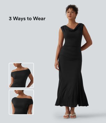 Robe décontractée maxi sans manches col drapé maille côtelée