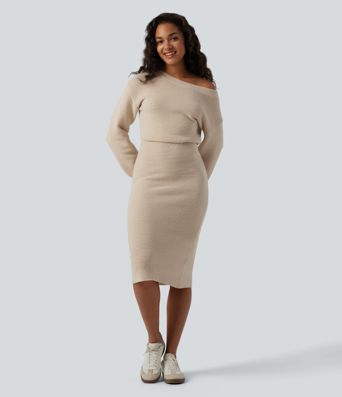 One Shoulder Long Sleeve Midi Casual Sweater Dress