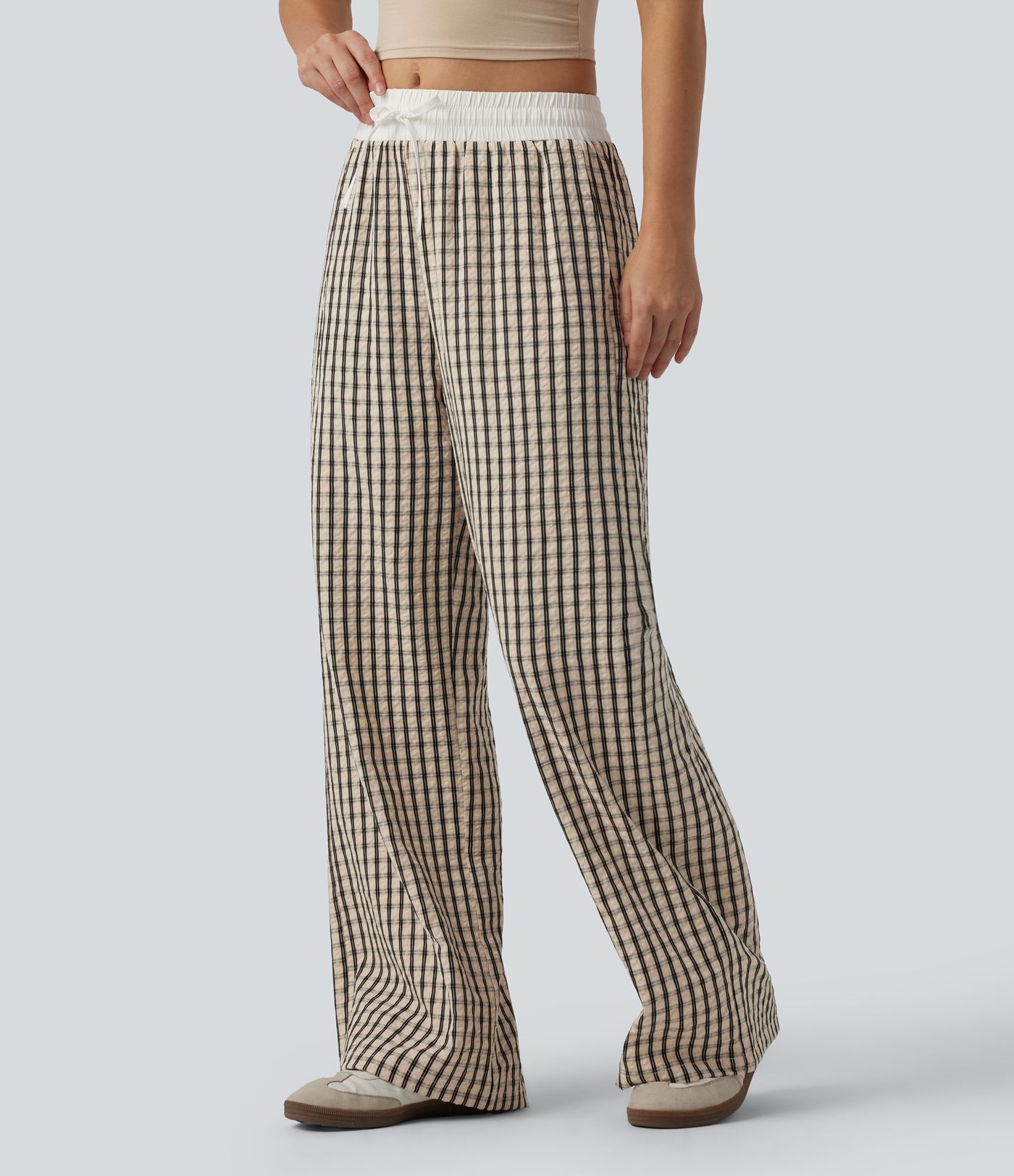 Mid Rise Drawstring Wide Leg Plaid Casual Trousers with Pockets