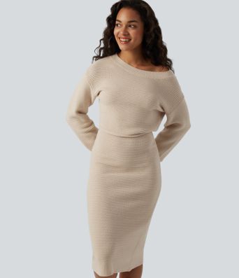 One Shoulder Long Sleeve Midi Casual Sweater Dress