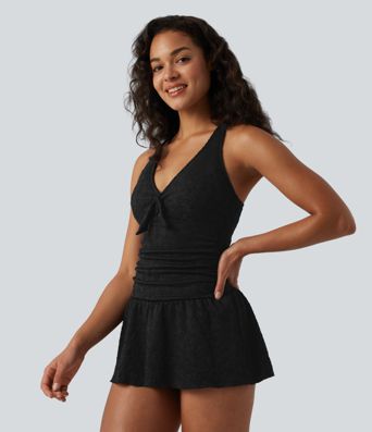 V-neck Tie-front Adjustable Straps Push-Up Tummy Control Ruched 2-in-1 Jacquard One-Piece Swimsuit