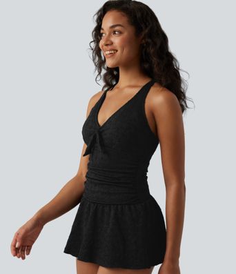 V-neck Tie-front Adjustable Straps Push-Up Tummy Control Ruched 2-in-1 Jacquard One-Piece Swimsuit