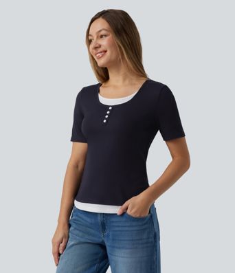 T-shirt casual girocollo a maniche corte con color block