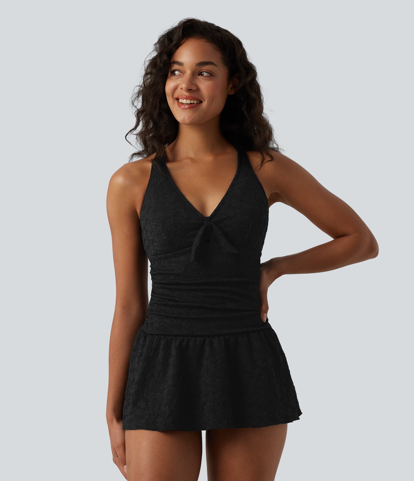 V-neck Tie-front Adjustable Straps Push-Up Tummy Control Ruched 2-in-1 Jacquard One-Piece Swimsuit
