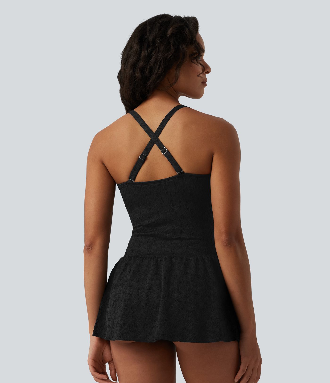 V-neck Tie-front Adjustable Straps Push-Up Tummy Control Ruched 2-in-1 Jacquard One-Piece Swimsuit