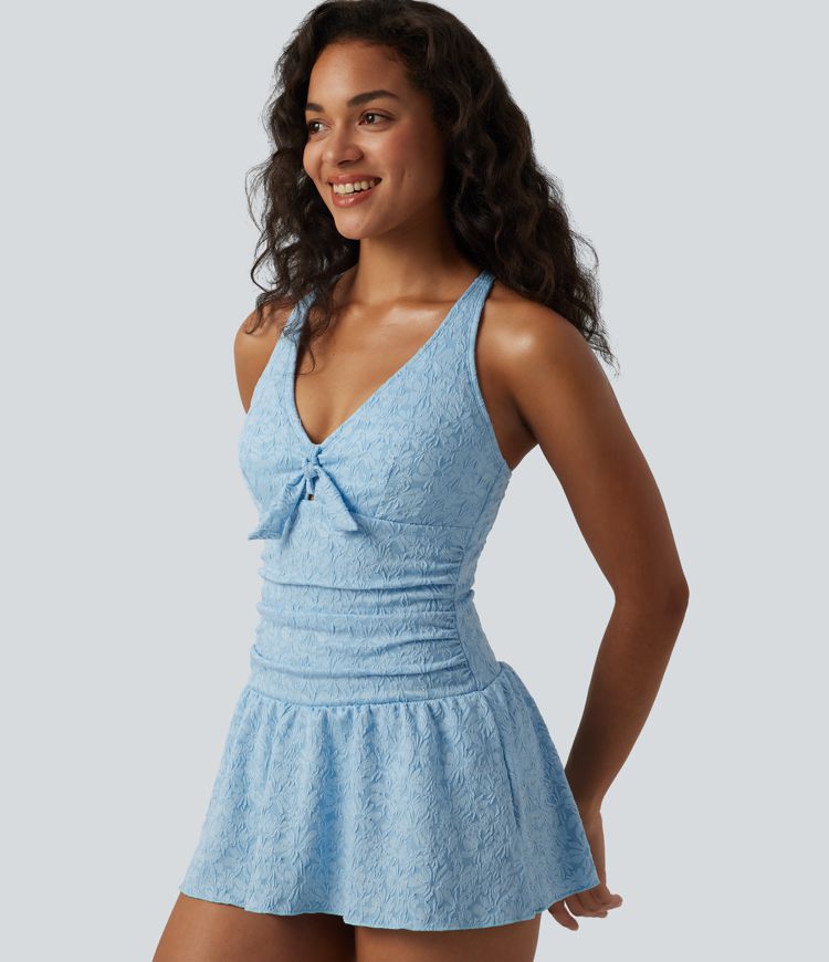 V-neck Tie-front Adjustable Straps Push-Up Tummy Control Ruched 2-in-1 Jacquard One-Piece Swimsuit