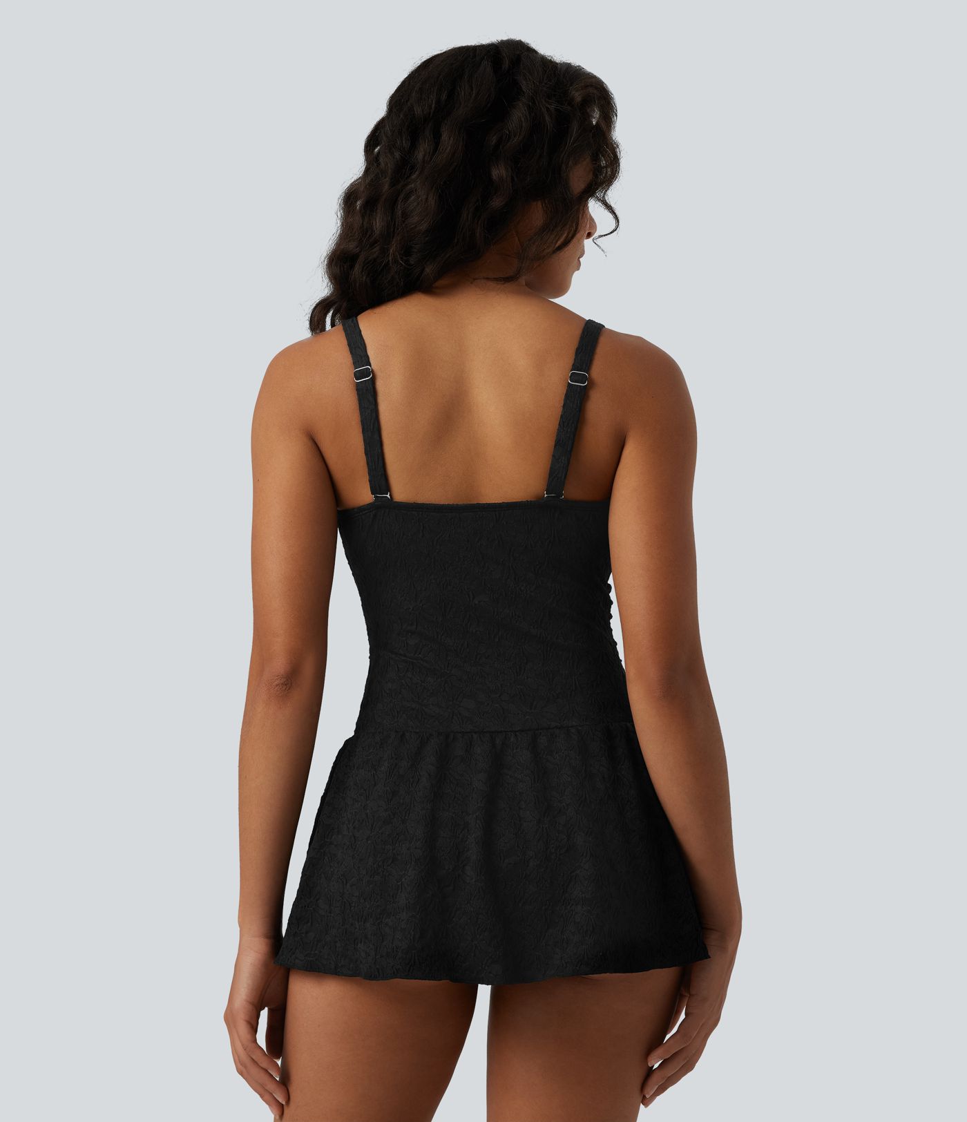 V-neck Tie-front Adjustable Straps Push-Up Tummy Control Ruched 2-in-1 Jacquard One-Piece Swimsuit