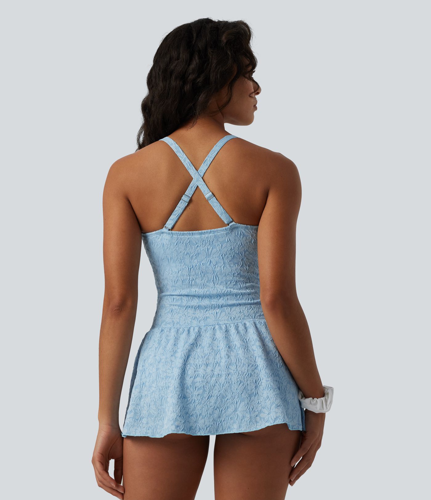 V-neck Tie-front Adjustable Straps Push-Up Tummy Control Ruched 2-in-1 Jacquard One-Piece Swimsuit