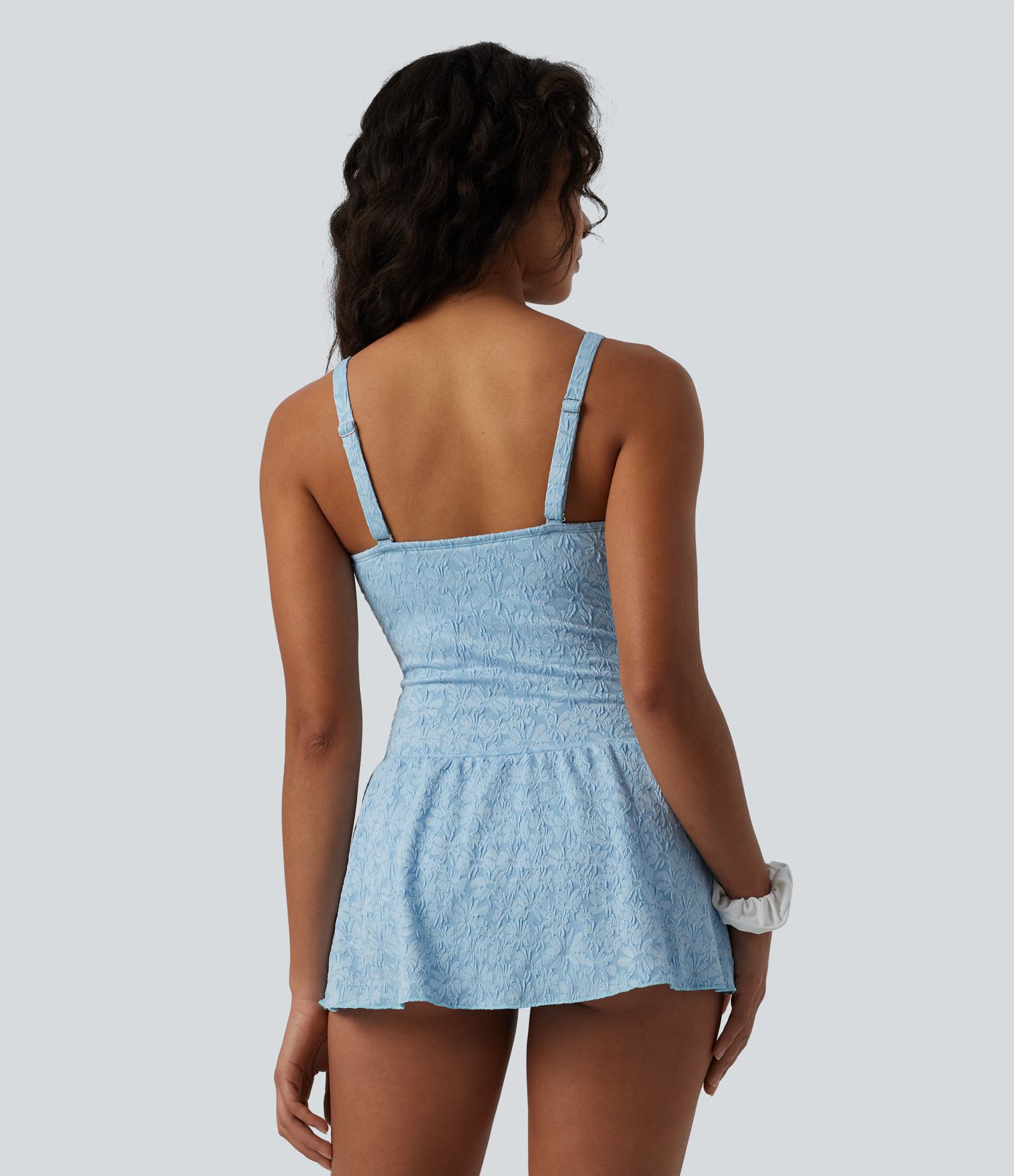 V-neck Tie-front Adjustable Straps Push-Up Tummy Control Ruched 2-in-1 Jacquard One-Piece Swimsuit