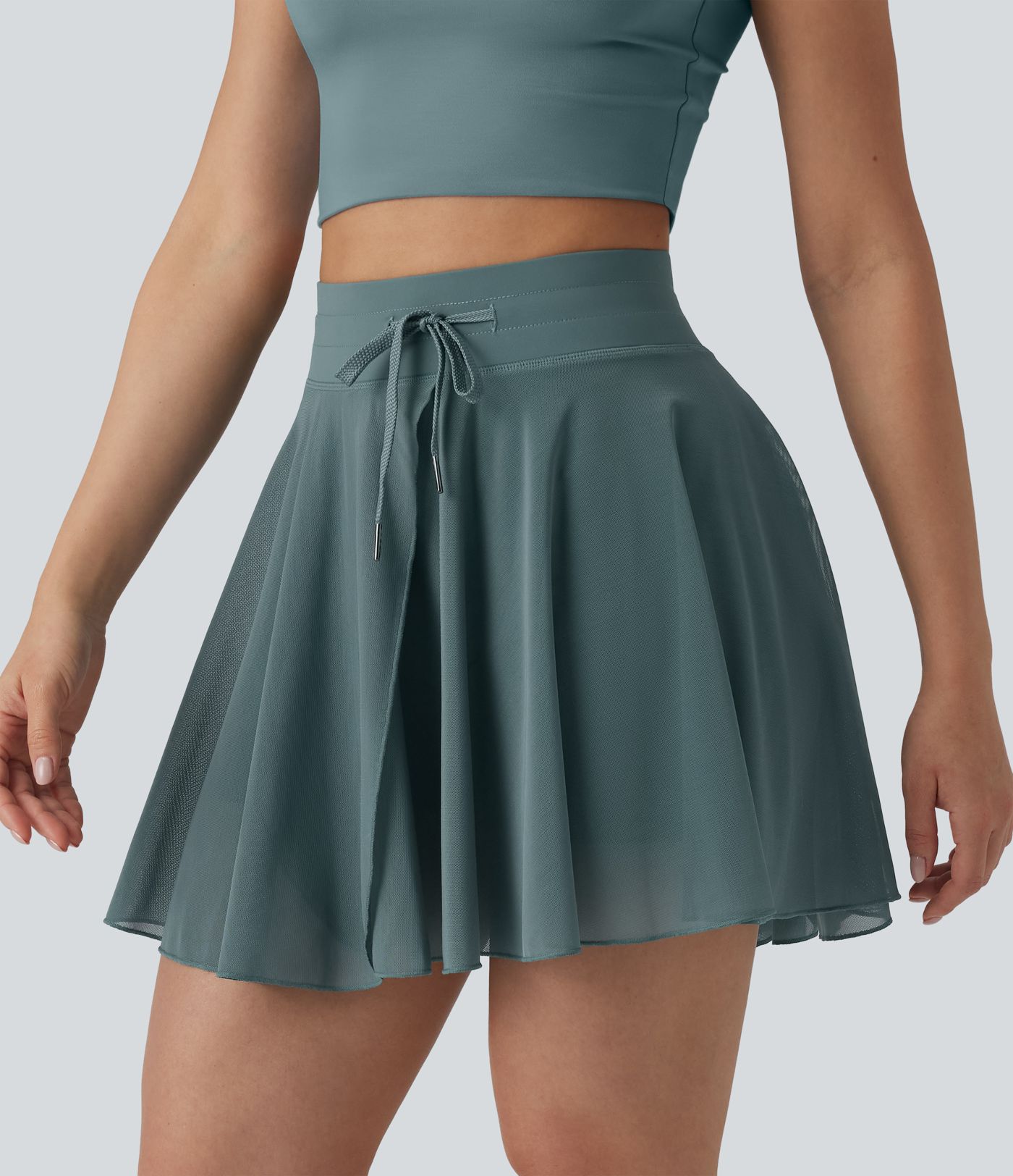 High Waisted Drawstring Contrast Mesh 2-in-1 Pocket Flowy Mini Flare Casual Skirt-Longer Length