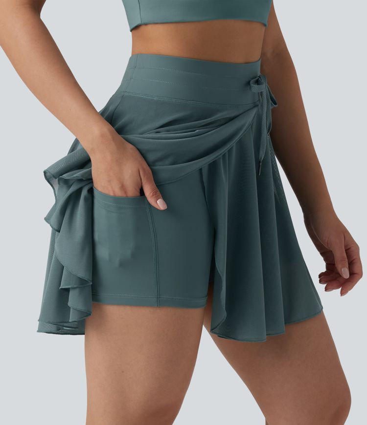 High Waisted Drawstring Contrast Mesh 2-in-1 Pocket Flowy Mini Flare Casual Skirt-Longer Length