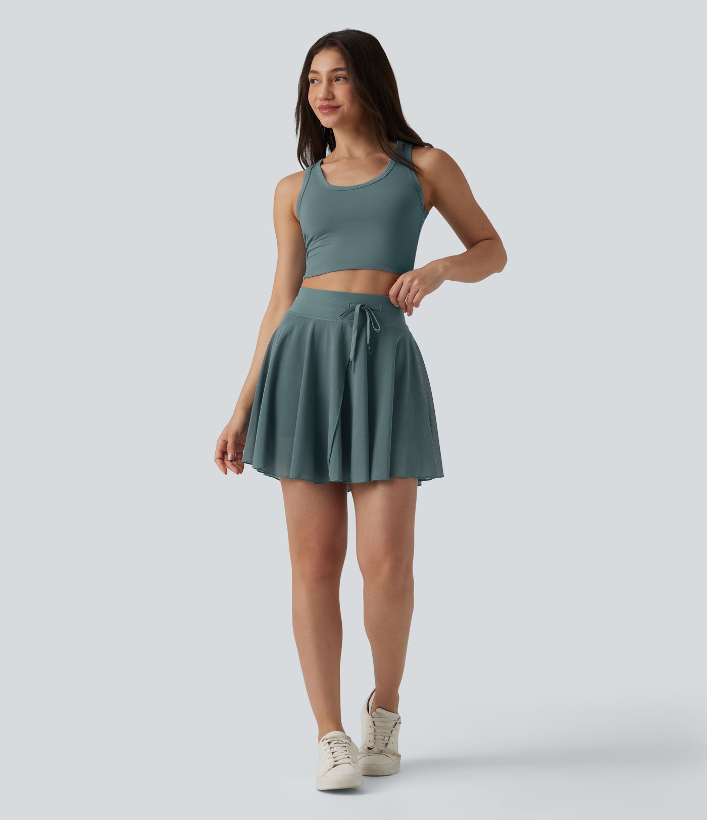 High Waisted Drawstring Contrast Mesh 2-in-1 Pocket Flowy Mini Flare Casual Skirt-Longer Length