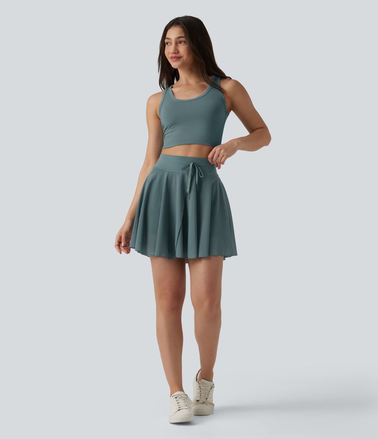 High Waisted Drawstring Contrast Mesh 2-in-1 Pocket Flowy Mini Flare Casual Skirt-Longer Length