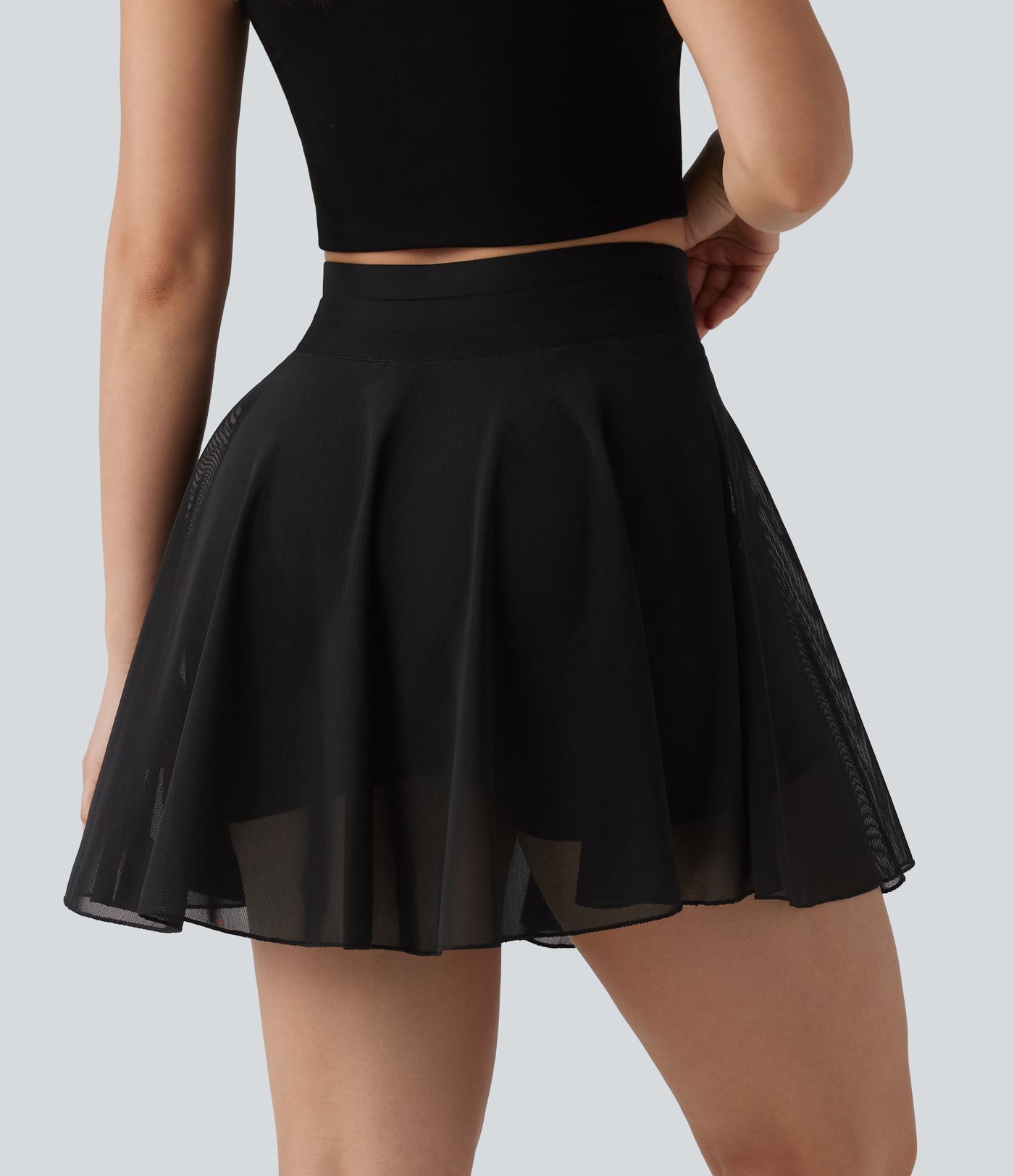 High Waisted Drawstring Contrast Mesh 2-in-1 Pocket Flowy Mini Flare Casual Skirt-Longer Length