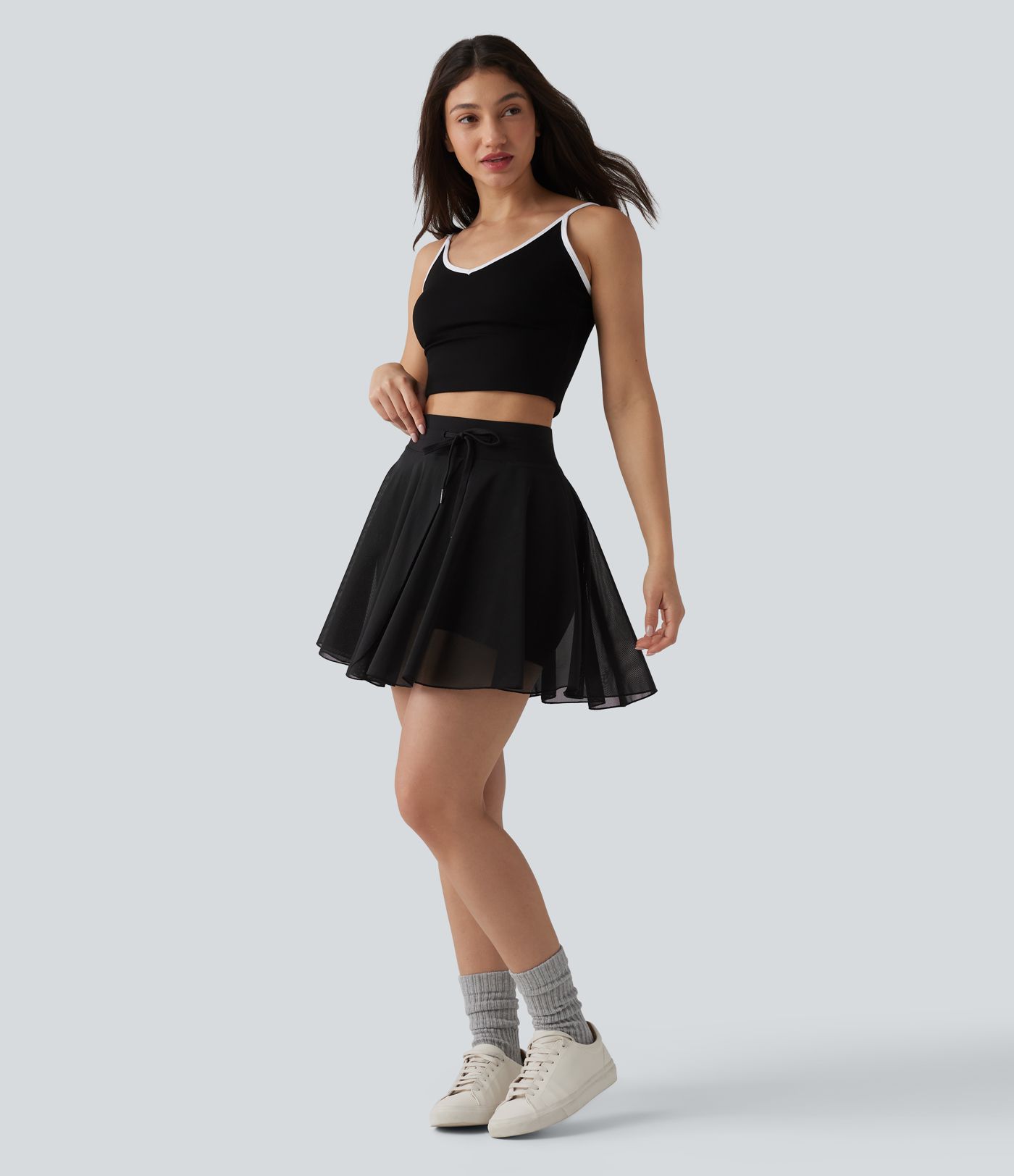 High Waisted Drawstring Contrast Mesh 2-in-1 Pocket Flowy Mini Flare Casual Skirt-Longer Length