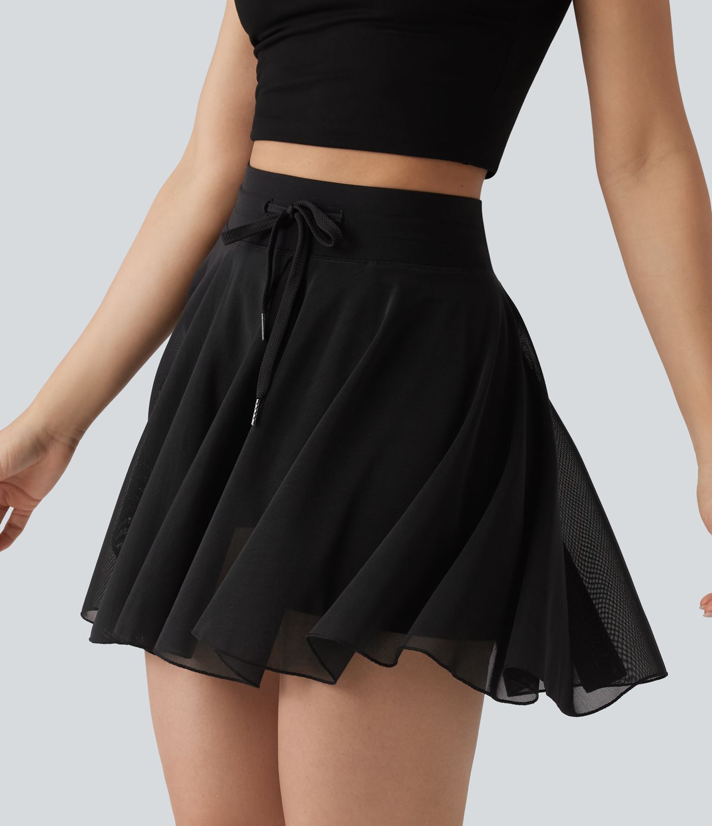 High Waisted Drawstring Contrast Mesh 2-in-1 Pocket Flowy Mini Flare Casual Skirt-Longer Length
