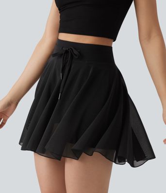 High Waisted Drawstring Contrast Mesh 2-in-1 Pocket Flowy Mini Flare Casual Skirt-Longer Length