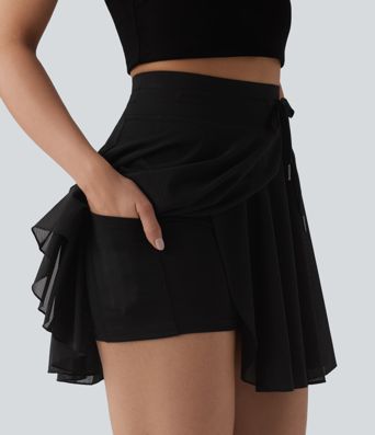 High Waisted Drawstring Contrast Mesh 2-in-1 Pocket Flowy Mini Flare Casual Skirt-Longer Length