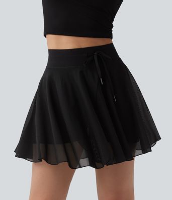 High Waisted Drawstring Contrast Mesh 2-in-1 Pocket Flowy Mini Flare Casual Skirt-Longer Length