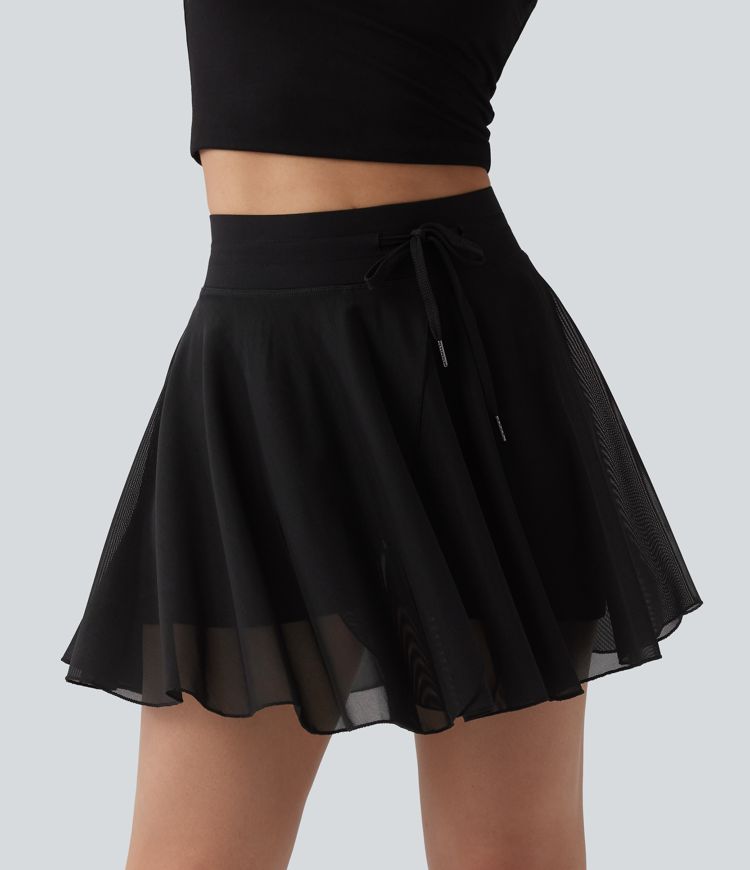 High Waisted Drawstring Contrast Mesh 2-in-1 Pocket Flowy Mini Flare Casual Skirt-Longer Length