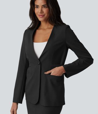 Long Sleeve Work Linen-Blend Blazer with Pockets