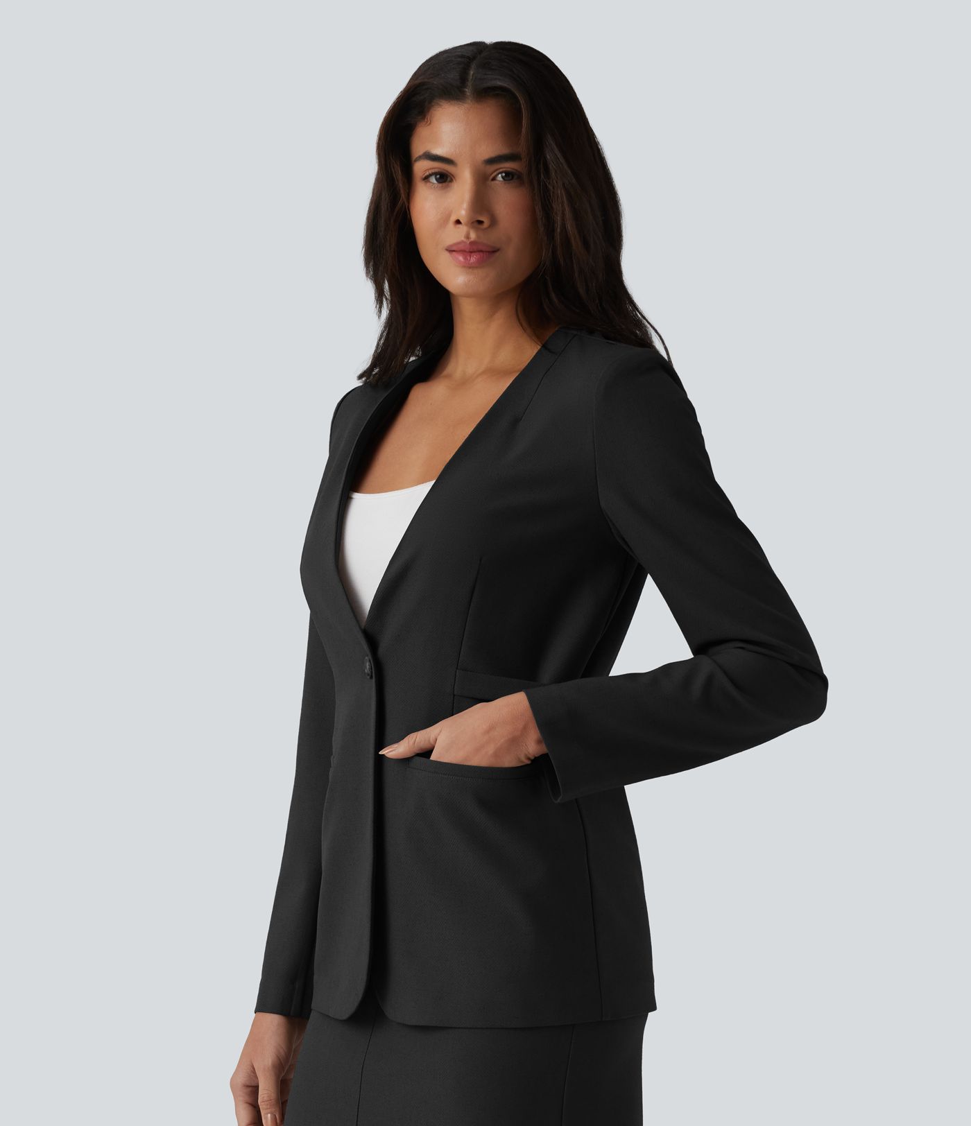 Long Sleeve Work Linen-Blend Blazer with Pockets