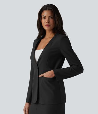 Long Sleeve Work Linen-Blend Blazer with Pockets