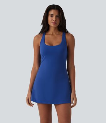 SoftlyZero™ Plush Racerback Contrast Mesh Crisscross U-Neck Sleeveless Built-in Bra Dance Active Dress with Pockets-Easy Peezy