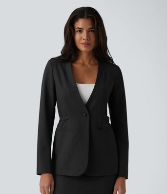 Long Sleeve Work Linen-Blend Blazer with Pockets