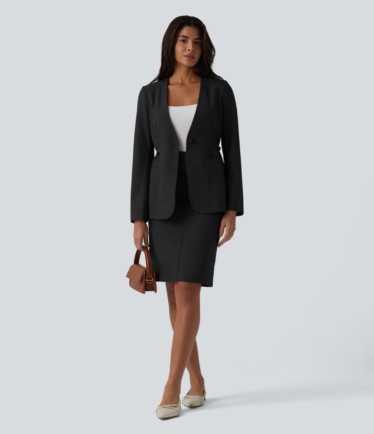Long Sleeve Work Linen-Blend Blazer with Pockets