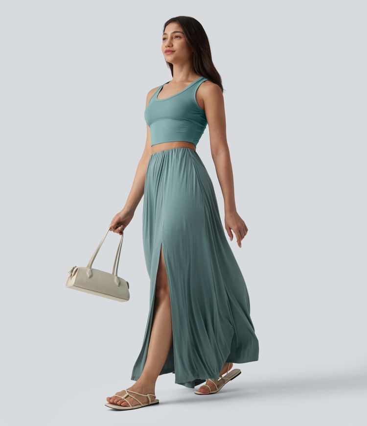 High Waisted Flowy Maxi Casual Skirt with Pockets