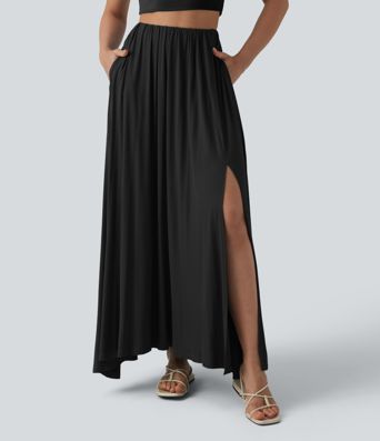 High Waisted Flowy Maxi Casual Skirt with Pockets