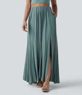 High Waisted Flowy Maxi Casual Skirt with Pockets