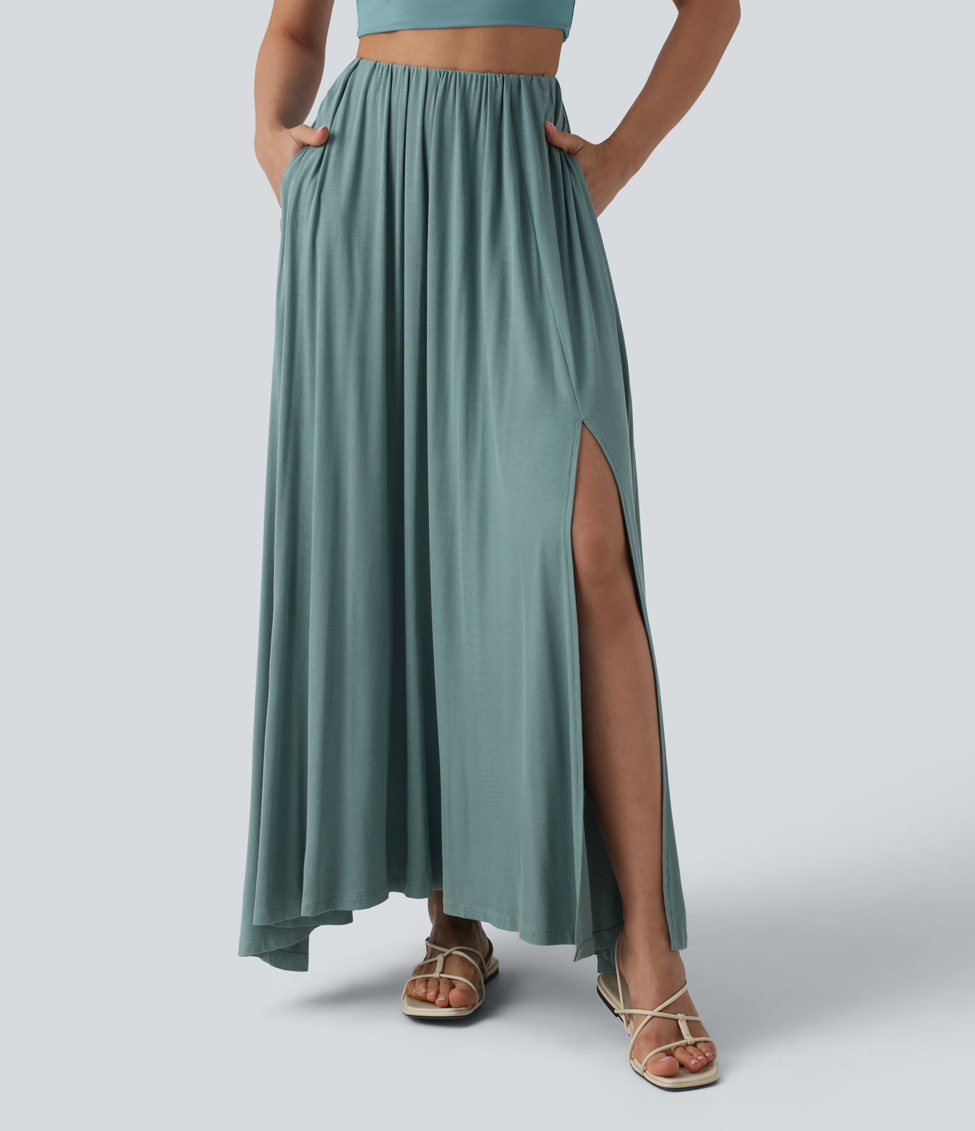 High Waisted Flowy Maxi Casual Skirt with Pockets