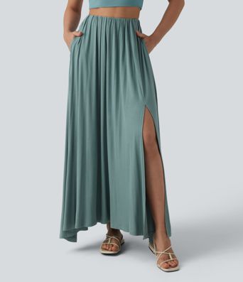 High Waisted Flowy Maxi Casual Skirt with Pockets