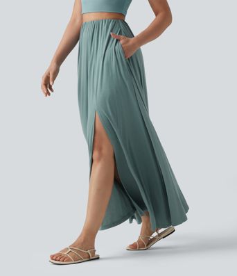 High Waisted Flowy Maxi Casual Skirt with Pockets