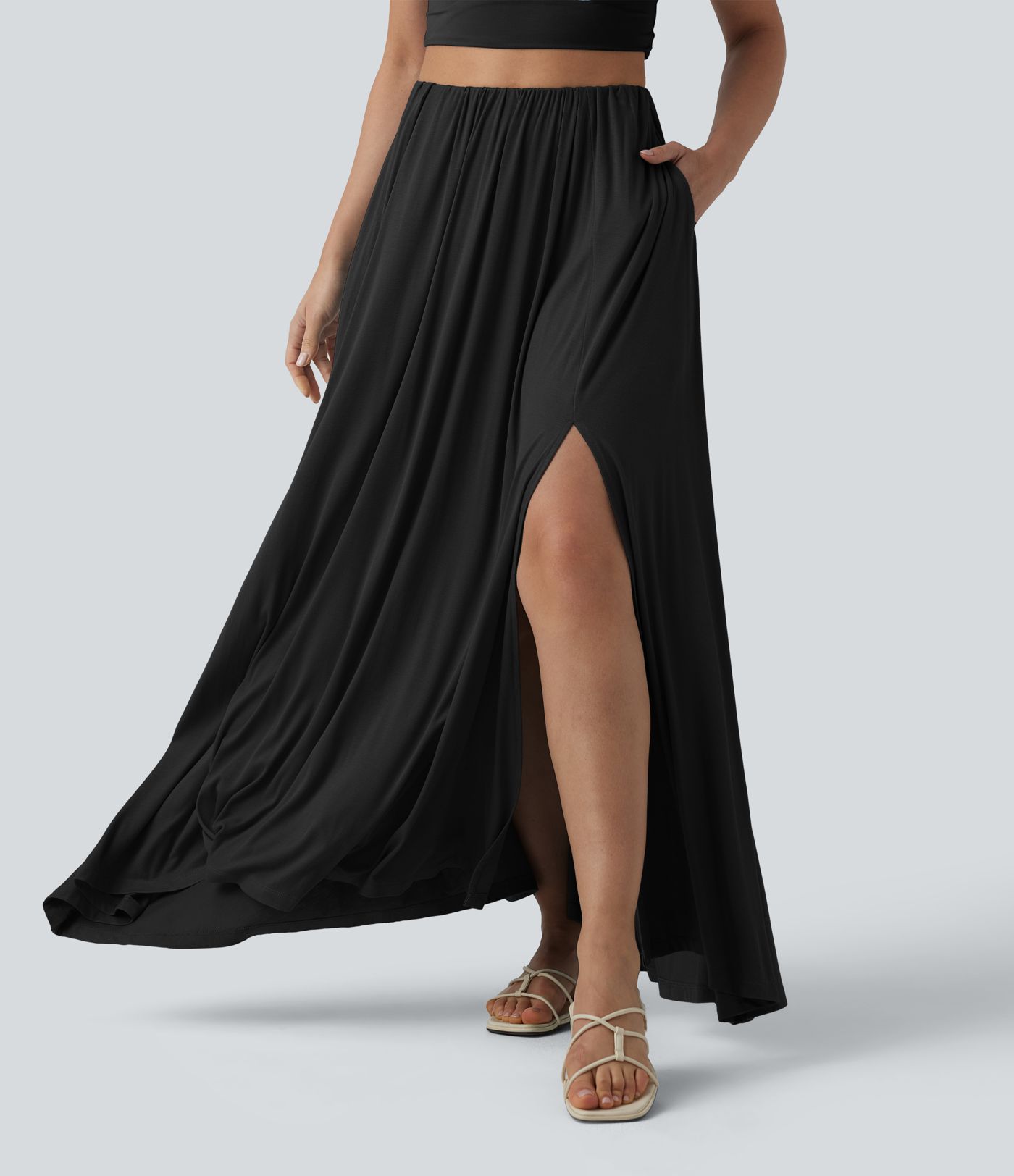 High Waisted Flowy Maxi Casual Skirt with Pockets