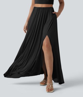 High Waisted Flowy Maxi Casual Skirt with Pockets